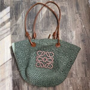 Similar to Loewe Green Woven Straw Tote with Brown Leather Handles